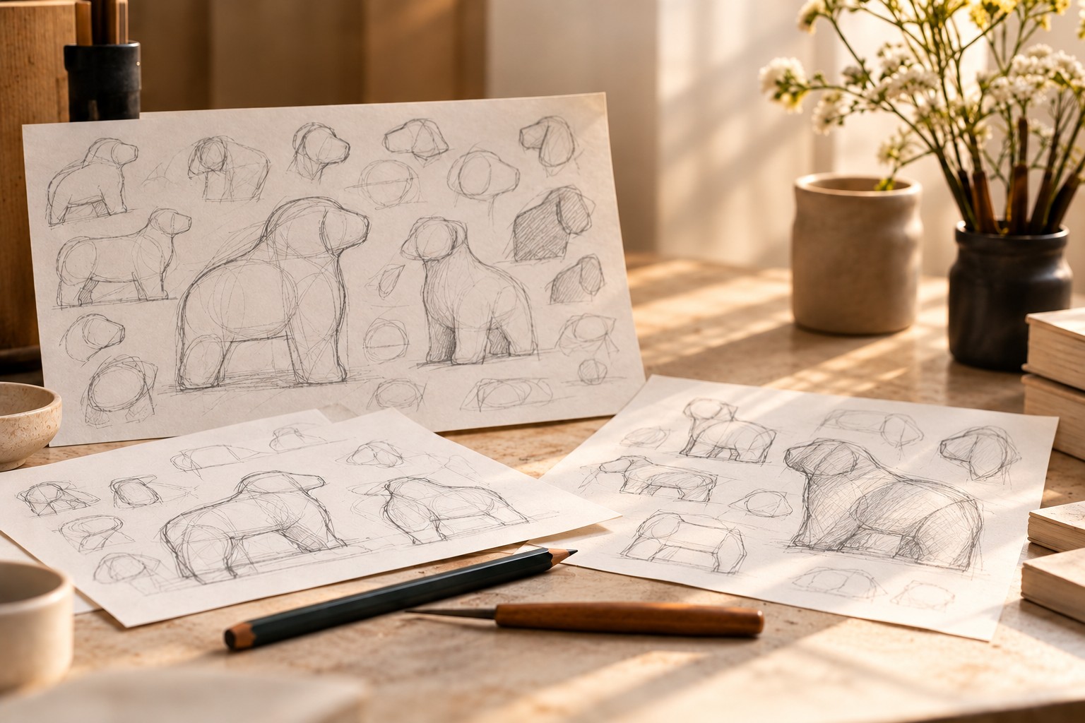 Pencil sketches of an urn laid beside an unglazed clay form in the Bangkok studio