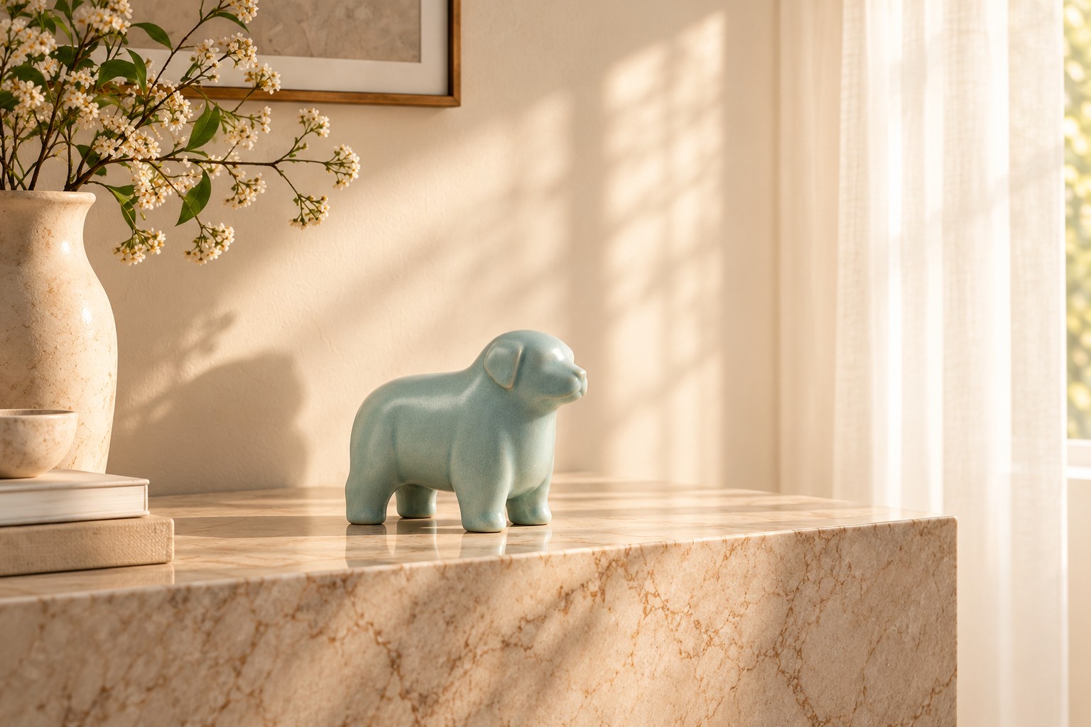 A celadon ceramic dog urn standing on a marble console in soft morning daylight, beside a stone vase of white blossom